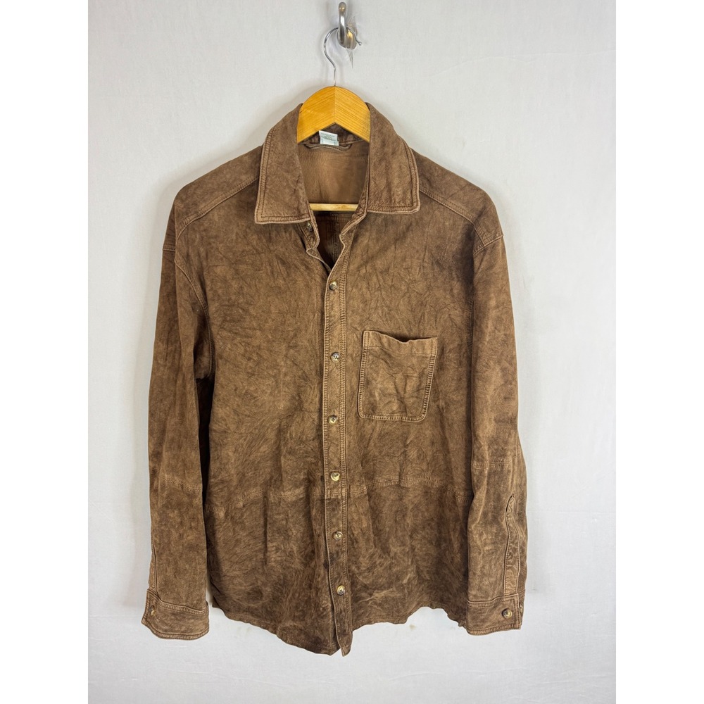 Orvis Mens Brown 100% Leather Suede Button Down Shirt Jacket Large RN 70534